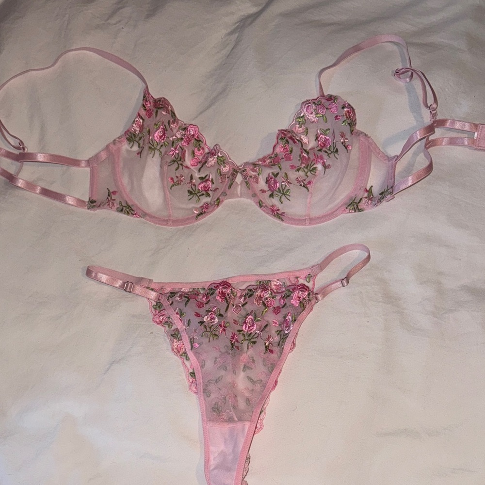 Floral Embroidered Pink Lingerie Set